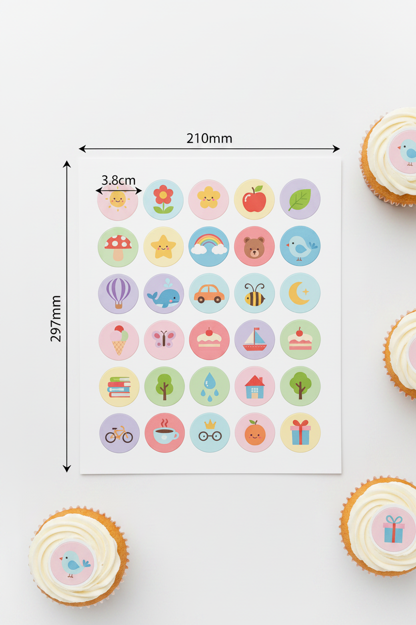 A4 edible print sheet 6x5 with measurements and cupcakes