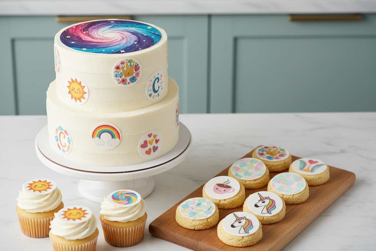 Cake with large edible print on top and small stickers on sides, with biscuits and cupcakes in foreground